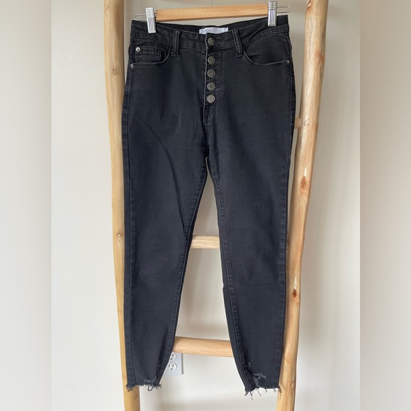 TNR Black High Rise Skinny Jeans Button Fly Distressed Hem Stretch Denim 2/26 - Picture 2 of 6